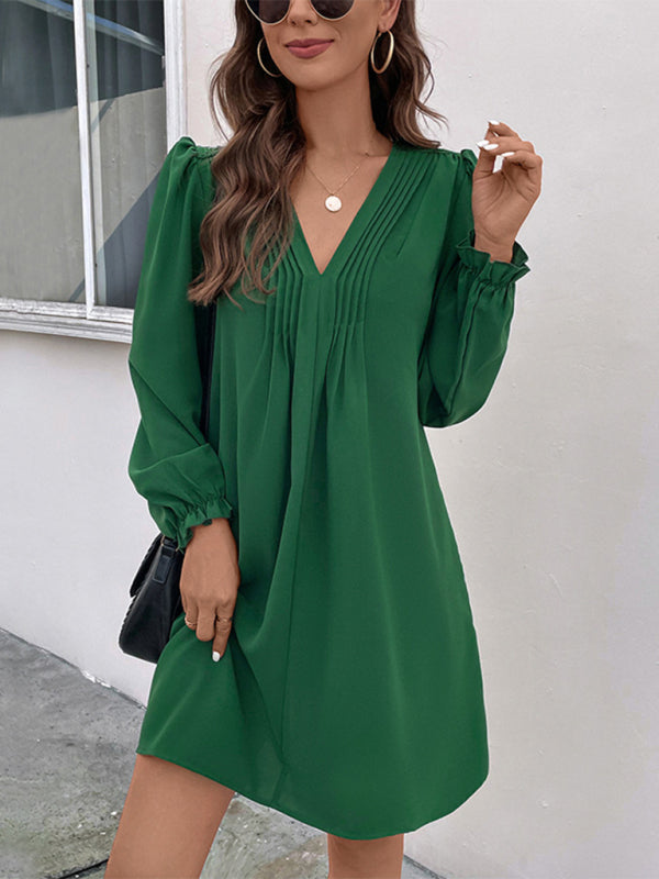TEEK - Green V-neck Smocked Long-Sleeved Dress DRESS TEEK K L  