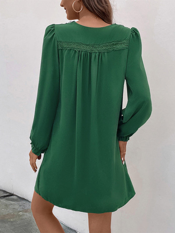 TEEK - Green V-neck Smocked Long-Sleeved Dress DRESS TEEK K   
