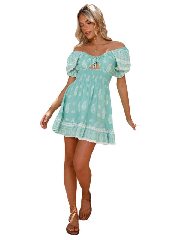 TEEK - Green V-Neck Strappy Off-Shoulder Puff Sleeve Tunic Dress DRESS TEEK K   