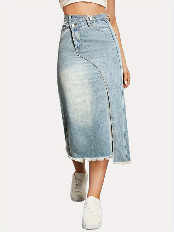 TEEK - Clear Blue Retro Denim Slit Mid-Length Skirt DRESS TEEK K   