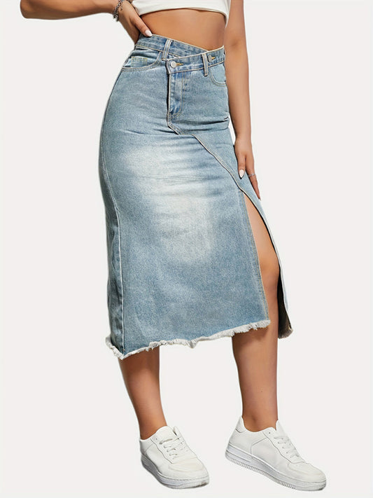 TEEK - Clear Blue Retro Denim Slit Mid-Length Skirt DRESS TEEK K S  
