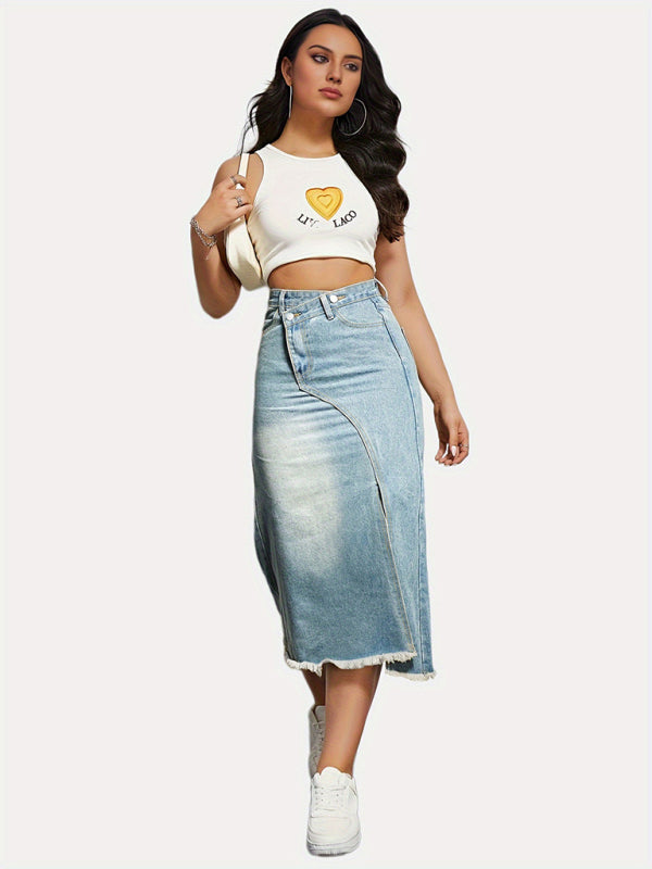 TEEK - Clear Blue Retro Denim Slit Mid-Length Skirt DRESS TEEK K   
