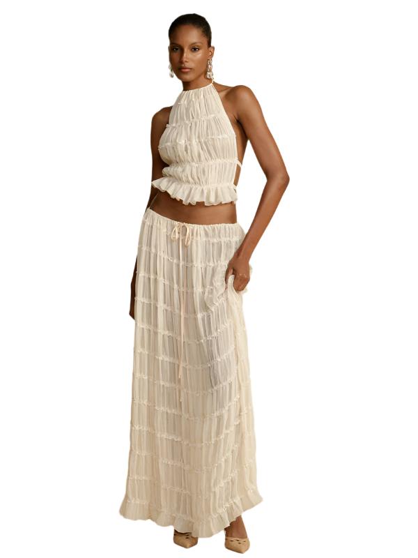 TEEK - White Backless Halter Two-Piece Chiffon Pleated Long Skirt Set SET TEEK K S  