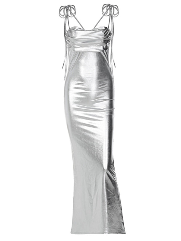 TEEK - Backless Suspended Long Pleated Silver Grey Dress DRESS TEEK K   