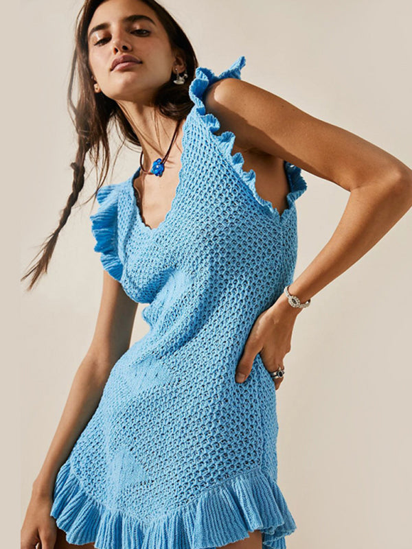 TEEK - Ear-Sleeved Mid-Waist Ruffle Dress DRESS TEEK K Blue S 