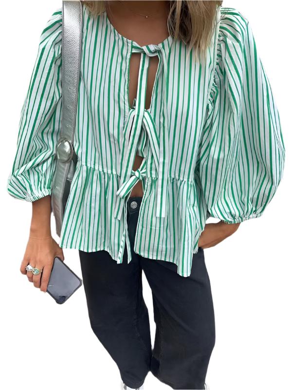 TEEK - Striped Triple Tie Mid-Long Puff Sleeve Shirt TOPS TEEK K Green S 