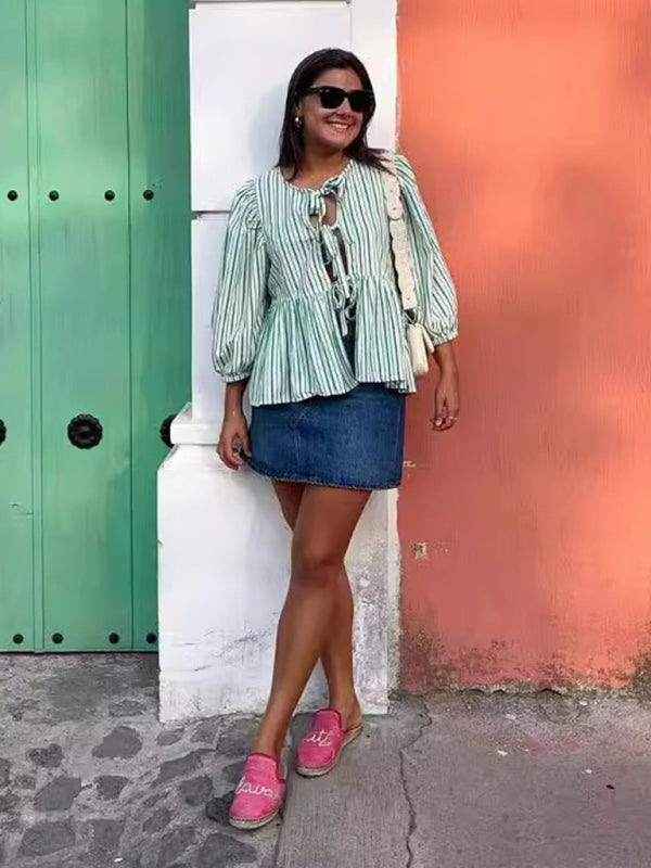 TEEK - Striped Triple Tie Mid-Long Puff Sleeve Shirt TOPS TEEK K   