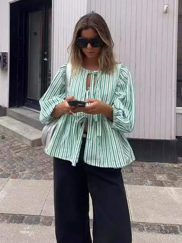 TEEK - Striped Triple Tie Mid-Long Puff Sleeve Shirt TOPS TEEK K   