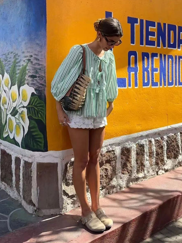 TEEK - Striped Triple Tie Mid-Long Puff Sleeve Shirt TOPS TEEK K   