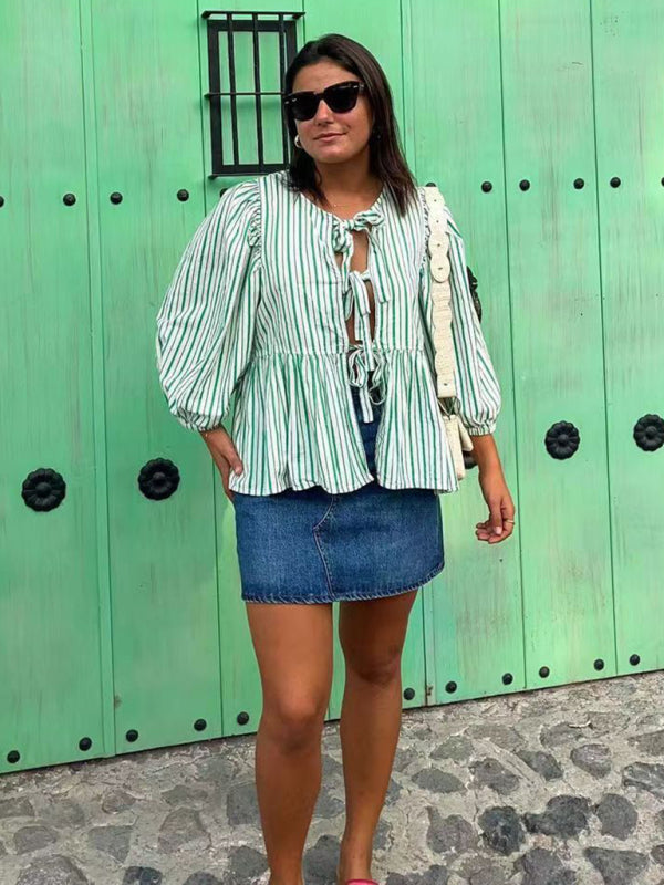 TEEK - Striped Triple Tie Mid-Long Puff Sleeve Shirt TOPS TEEK K   