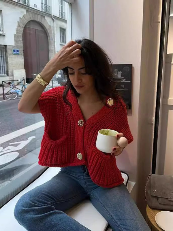 TEEK - Red Thick Knitted Vest Cardigan SWEATER TEEK K   