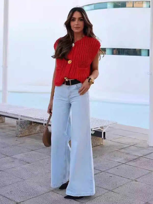 TEEK - Red Thick Knitted Vest Cardigan SWEATER TEEK K   