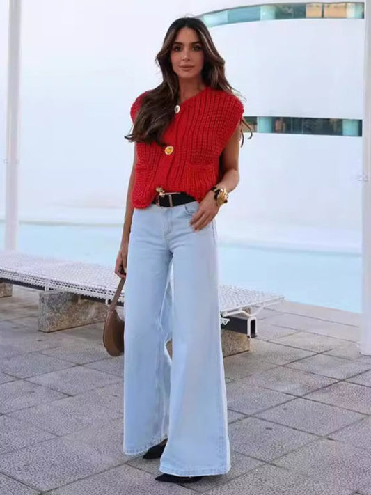 TEEK - Red Thick Knitted Vest Cardigan SWEATER TEEK K   