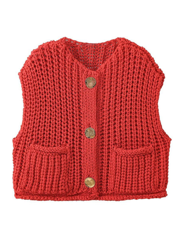 TEEK - Red Thick Knitted Vest Cardigan SWEATER TEEK K S  