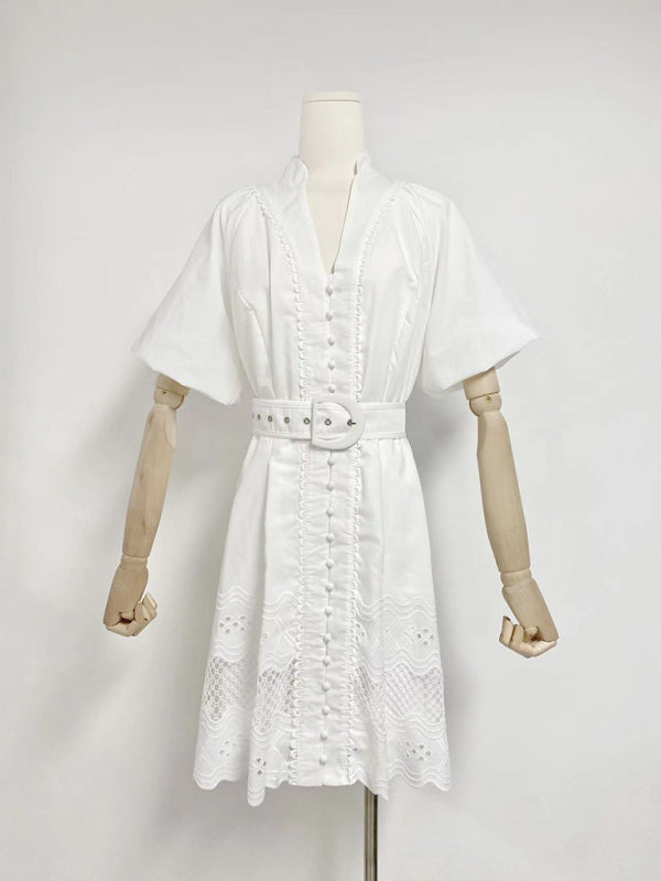 TEEK - White V-neck Puff Sleeves Waistband Short Dress DRESS TEEK K   