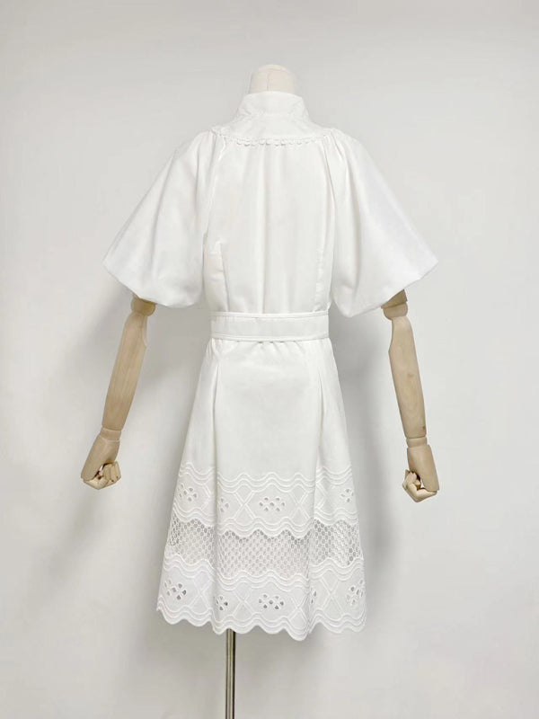 TEEK - White V-neck Puff Sleeves Waistband Short Dress DRESS TEEK K   