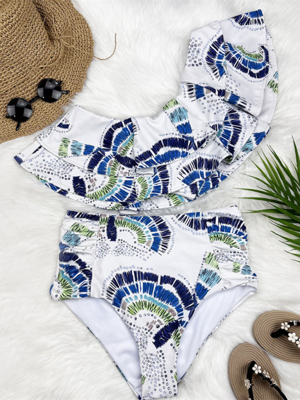 TEEK - Double-Layer Lotus Leaf One-Shoulder Swimsuit Set SET TEEK K   