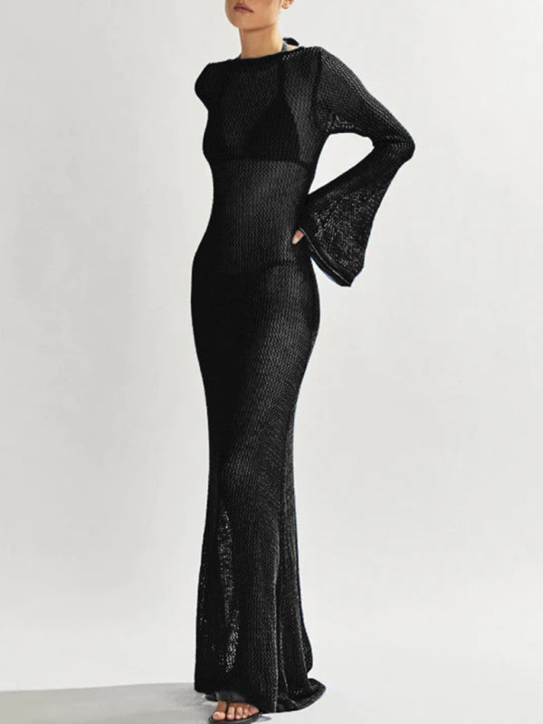 TEEK - Knitted Long-Sleeved Backless Netted Dress DRESS TEEK K Black S 