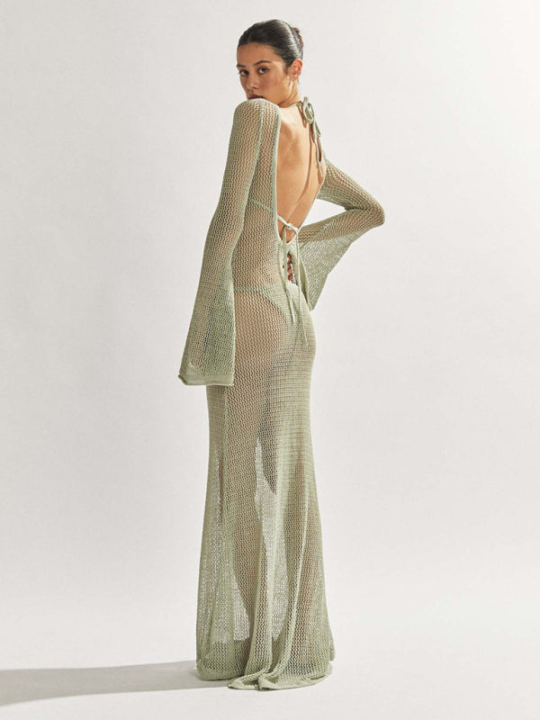 TEEK - Knitted Long-Sleeved Backless Netted Dress DRESS TEEK K   