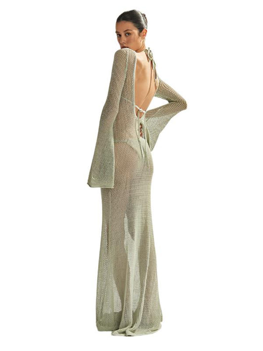 TEEK - Knitted Long-Sleeved Backless Netted Dress DRESS TEEK K   