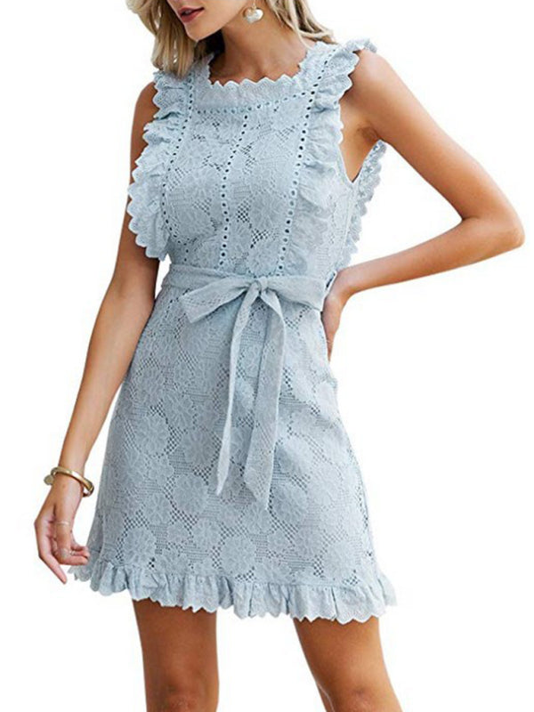 TEEK - Embroidered Lace Ruffle Belted Dress DRESS TEEK K Clear blue S 