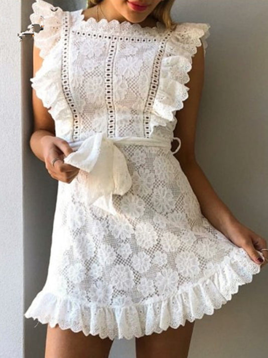 TEEK - Embroidered Lace Ruffle Belted Dress DRESS TEEK K White S 