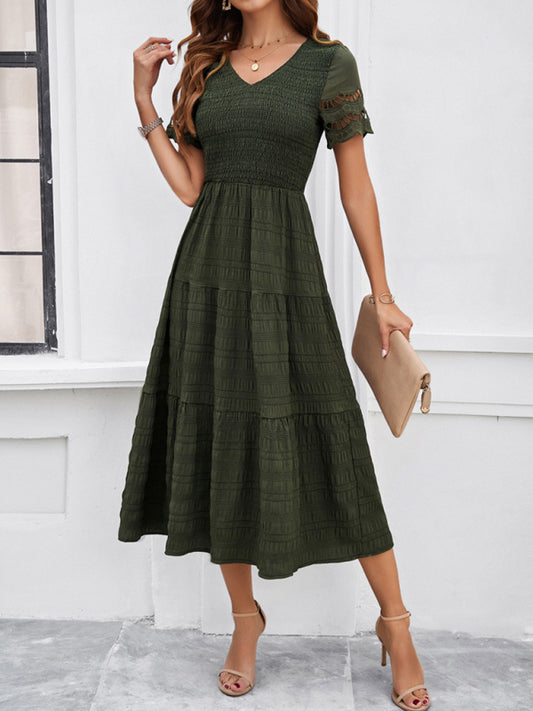 TEEK - Laced Short Sleeve V-neck Dress DRESS TEEK K Olive Green S 