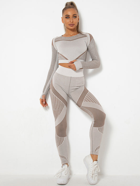 TEEK - Seamless Striped Quick-Drying Yoga Sportswear Set SET TEEK K Brown XS 