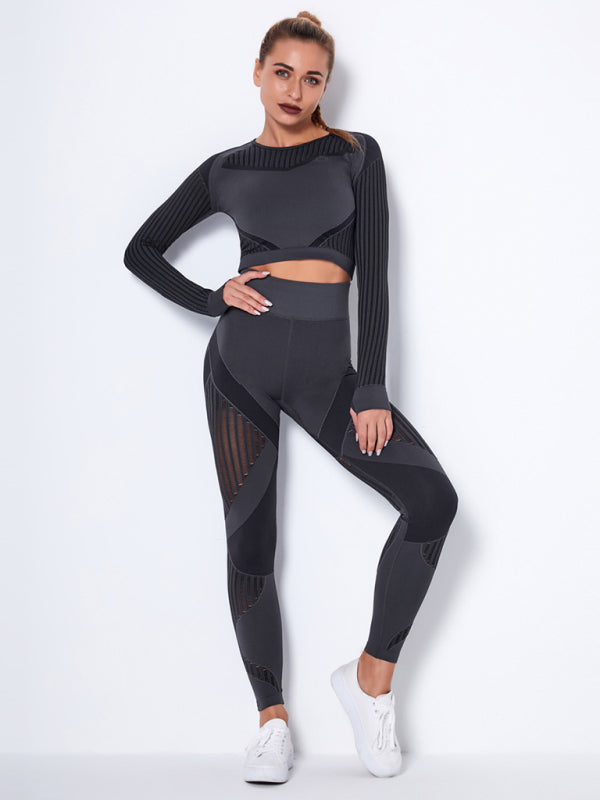 TEEK - Seamless Striped Quick-Drying Yoga Sportswear Set SET TEEK K Charcoal Grey XS 