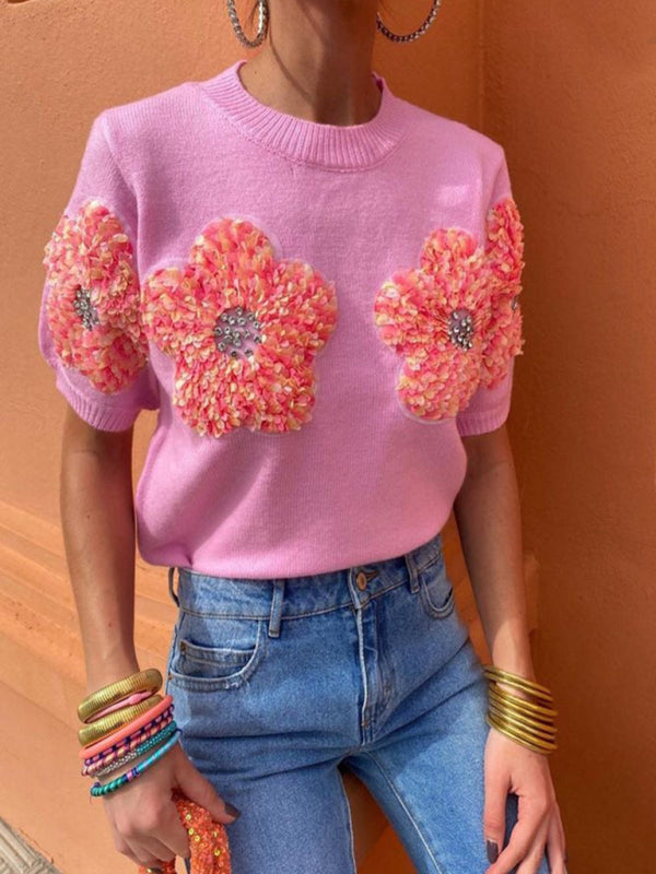 TEEK - Contrasting Flowers Sweater SWEATER TEEK K Pink S 