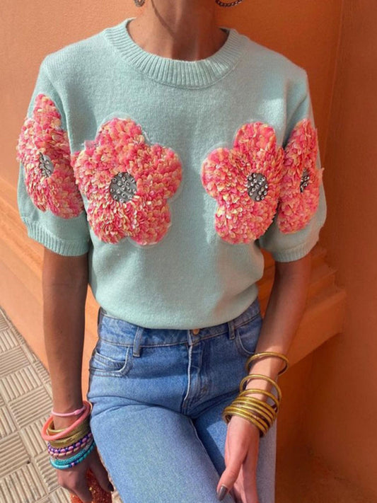 New contrasting flower sweet pink round neck short-sleeved sweater  kakaclo Spearmint  viridis S 