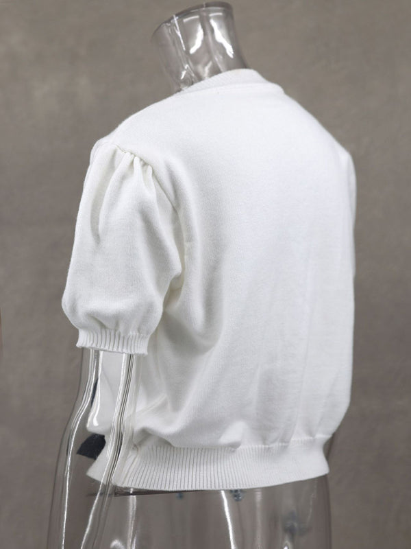 TEEK - V-Neck Short-Sleeved Double Bow Sweater SWEATER TEEK K   