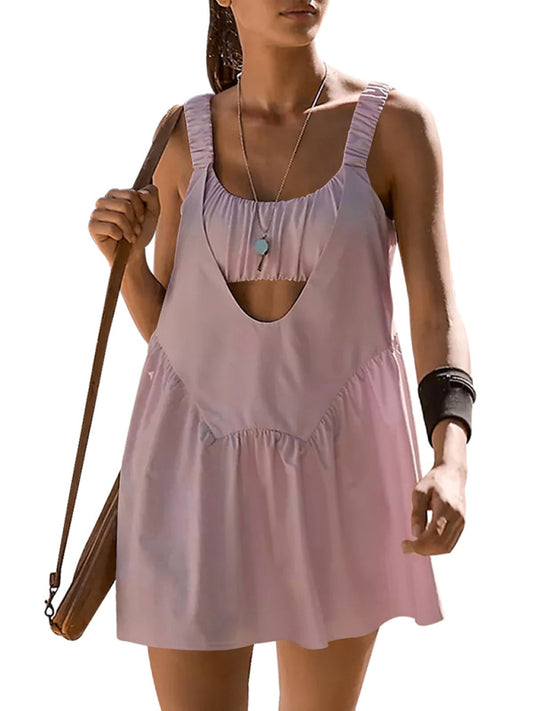 TEEK - Backless Sports Tennis Dress + Shorts Set SET TEEK K Lotus Root Pink S 