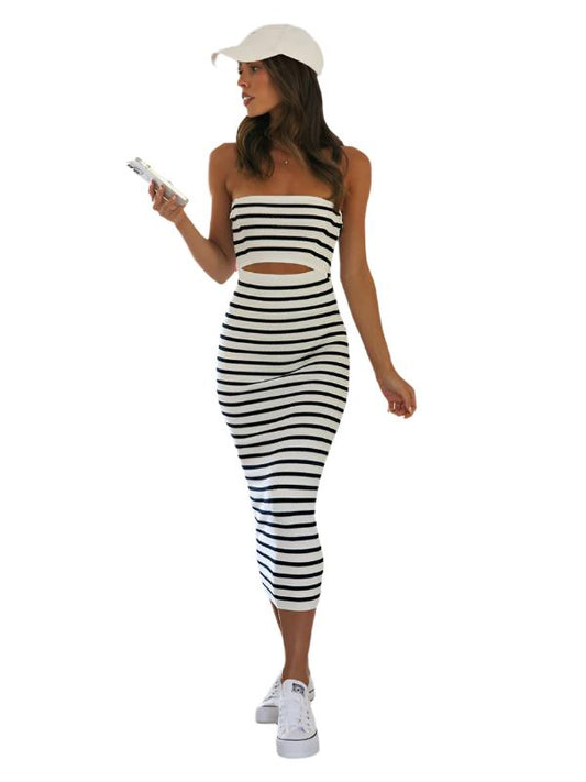 TEEK - Off-Shoulder Tube Top Striped Knitted Hip-Hugging Dress DRESS TEEK K   