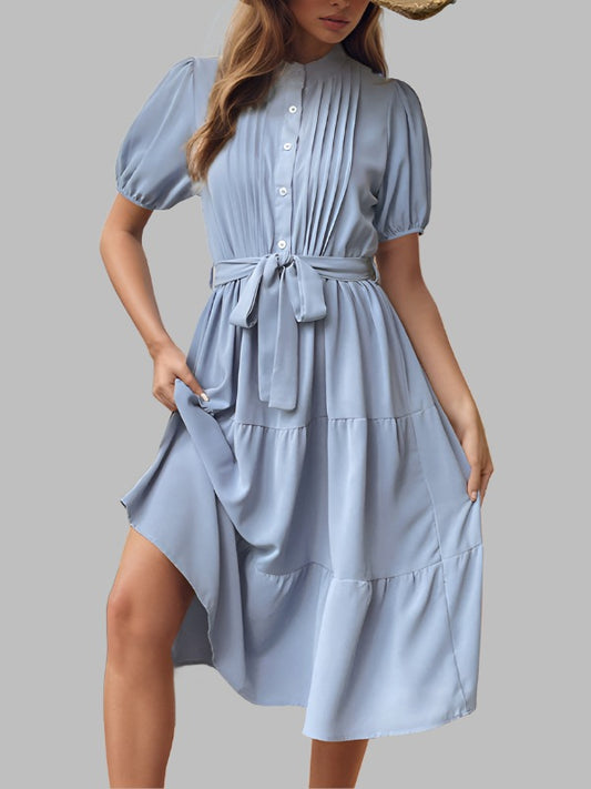 TEEK - Blue Pleated Short Sleeve Commuting Belted Dress DRESS TEEK K S  