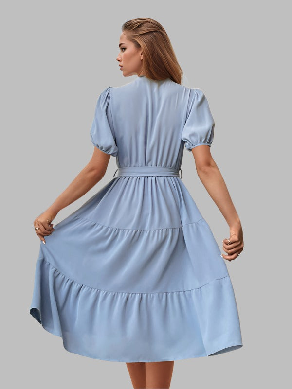 TEEK - Blue Pleated Short Sleeve Commuting Belted Dress DRESS TEEK K   