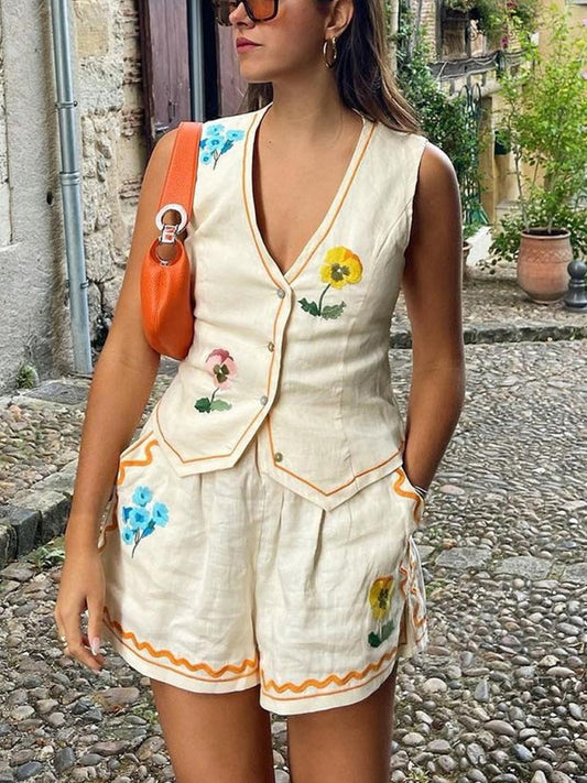 New sleeveless printed vest suit casual loose vacation two-piece set  kakaclo White S 