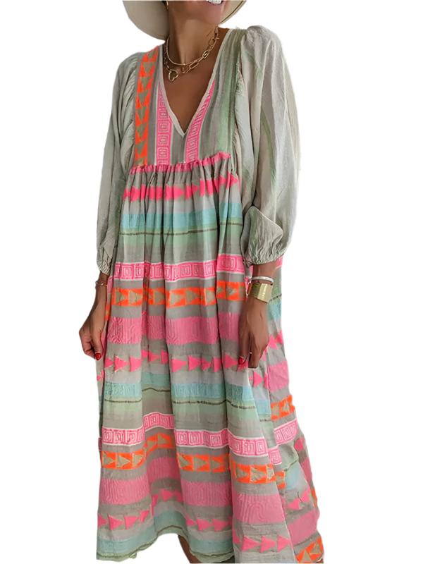 TEEK - Pink V-neck Puff Sleeve Colorful Dress DRESS TEEK K   