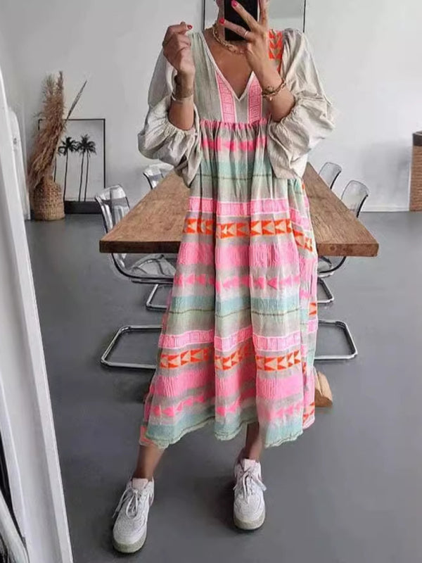 TEEK - Pink V-neck Puff Sleeve Colorful Dress DRESS TEEK K S  