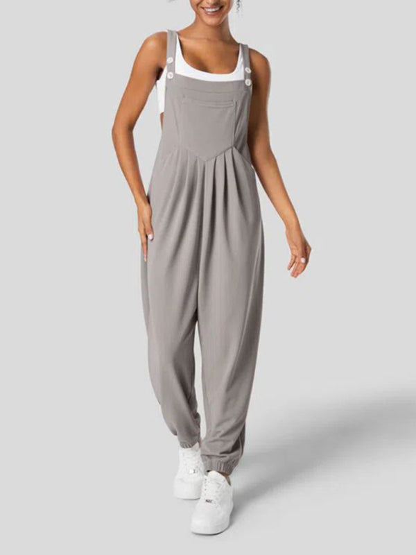 TEEK - Loose Two Buttoned Pocket Stretch Ankle Overalls OVERALLS TEEK K Grey S 