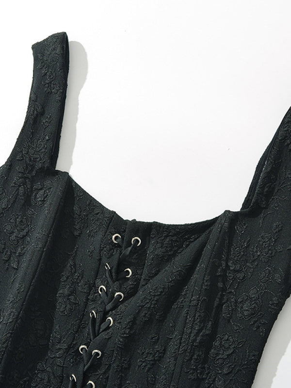 TEEK - Black Laced High-Waisted Tank Pleated Embroidered Short Dress DRESS TEEK K   