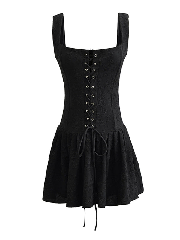 TEEK - Black Laced High-Waisted Tank Pleated Embroidered Short Dress DRESS TEEK K   