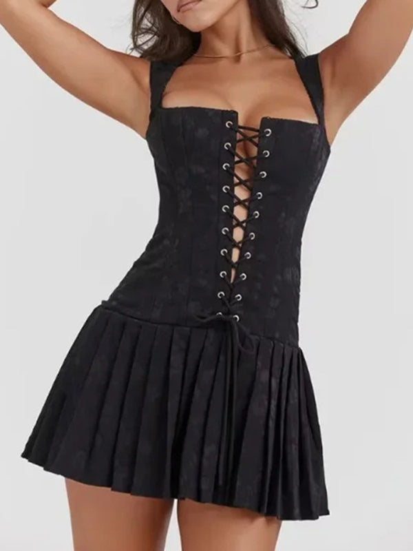 TEEK - Black Laced High-Waisted Tank Pleated Embroidered Short Dress DRESS TEEK K Black S 