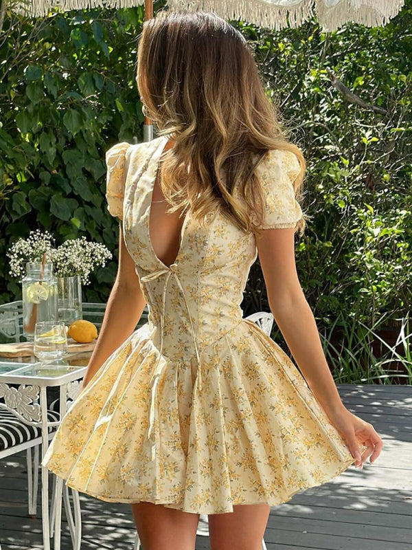 TEEK - Yellow Deep V Slim Waist  Short Sleeve Pleated Floral Dress DRESS TEEK K   