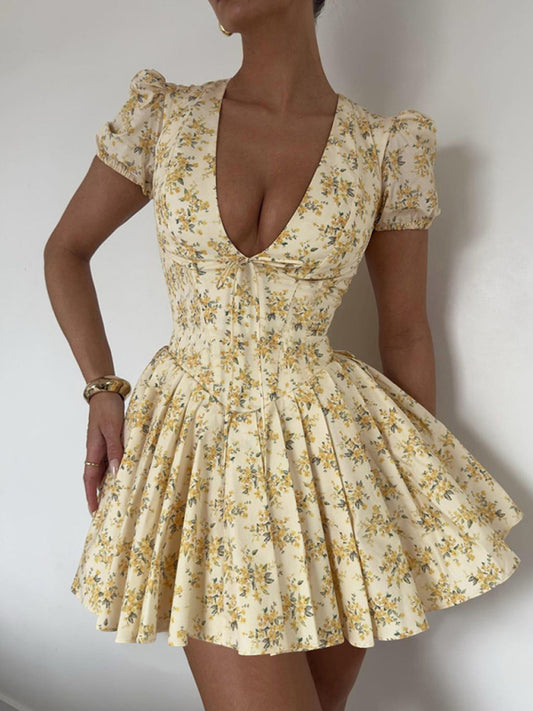 TEEK - Yellow Deep V Slim Waist  Short Sleeve Pleated Floral Dress