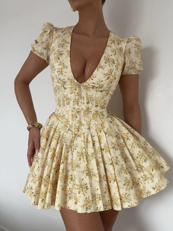 TEEK - Yellow Deep V Slim Waist  Short Sleeve Pleated Floral Dress DRESS TEEK K S  