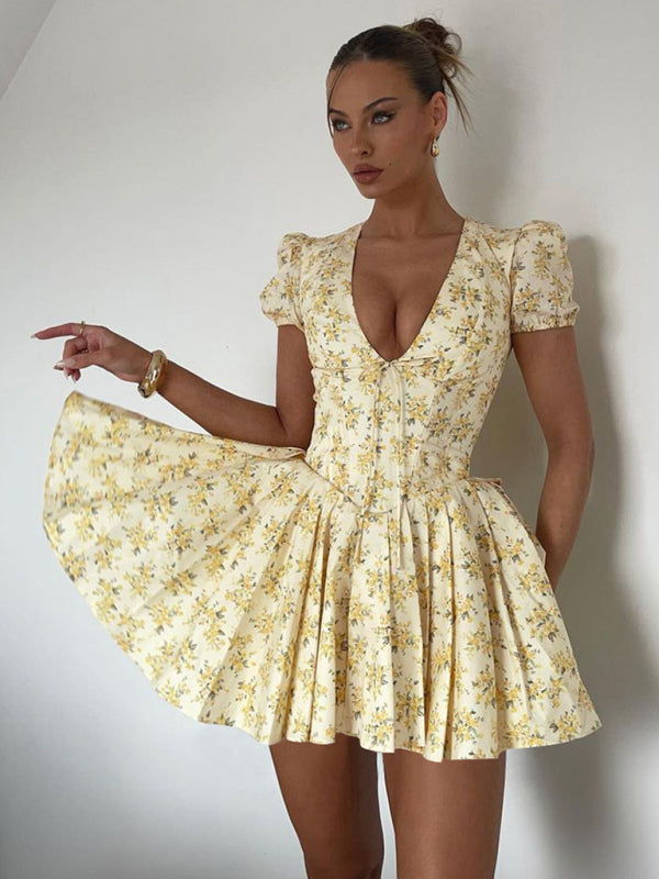 TEEK - Yellow Deep V Slim Waist  Short Sleeve Pleated Floral Dress DRESS TEEK K   