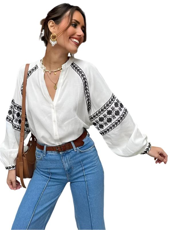 TEEK - White Versatile Cross-Stitch Contrasting Shirt TOPS TEEK K S  