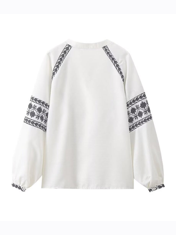 TEEK - White Versatile Cross-Stitch Contrasting Shirt TOPS TEEK K   