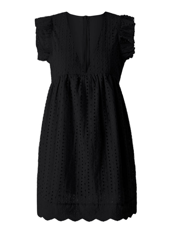 TEEK - Jacquard V-Neck Sleeveless Ruffled Dress DRESS TEEK K Black XS 